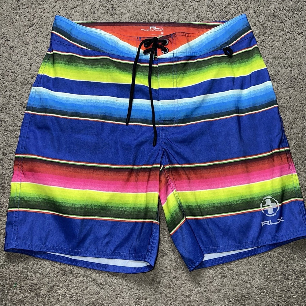 RLX Ralph Lauren Blue Serape Stripe Swim Trunks Athletic Drawstring Size 32